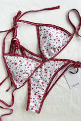 Triangle Contrast Binding Halter Adjustable Tie High Cut Bikini Set