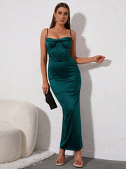 Draped Collar Split Satin Maxi Dress