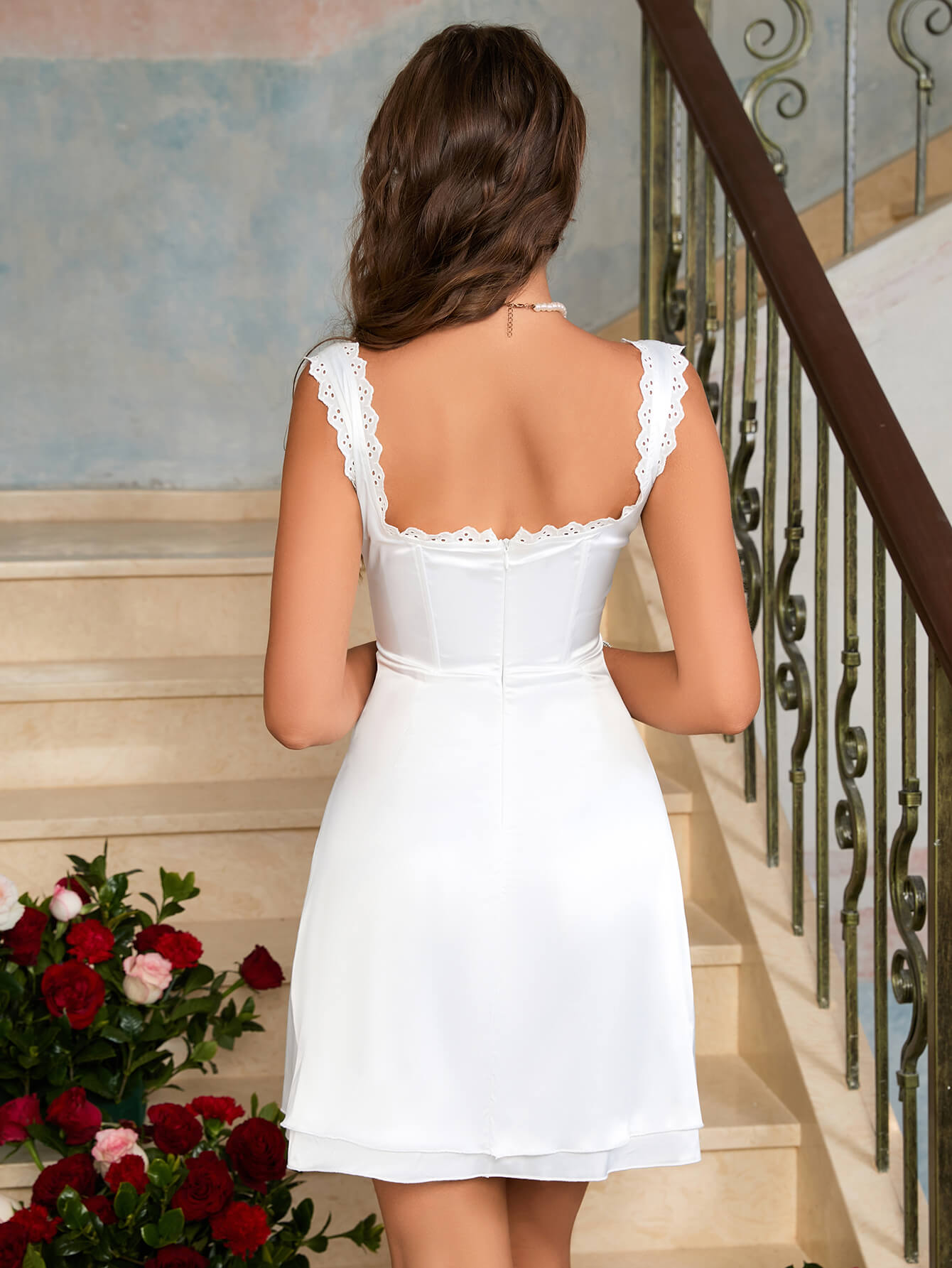 Lace Trim Bustier Satin Dress