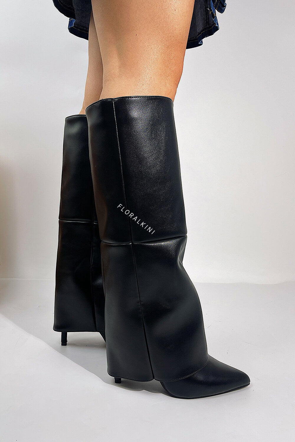 Black Faux Leather Folded Over Knee High Stiletto Heeled Boots