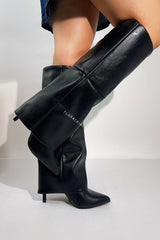 Black Faux Leather Folded Over Knee High Stiletto Heeled Boots