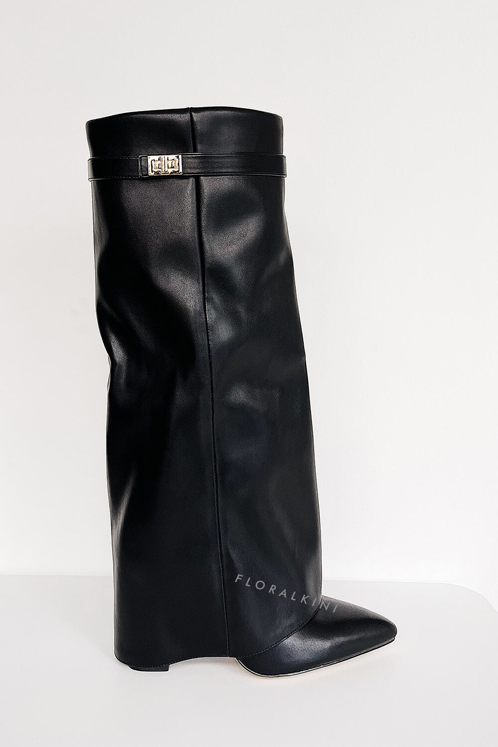 Faux Leather Fold Over Metal Lock Detail Knee High Boots