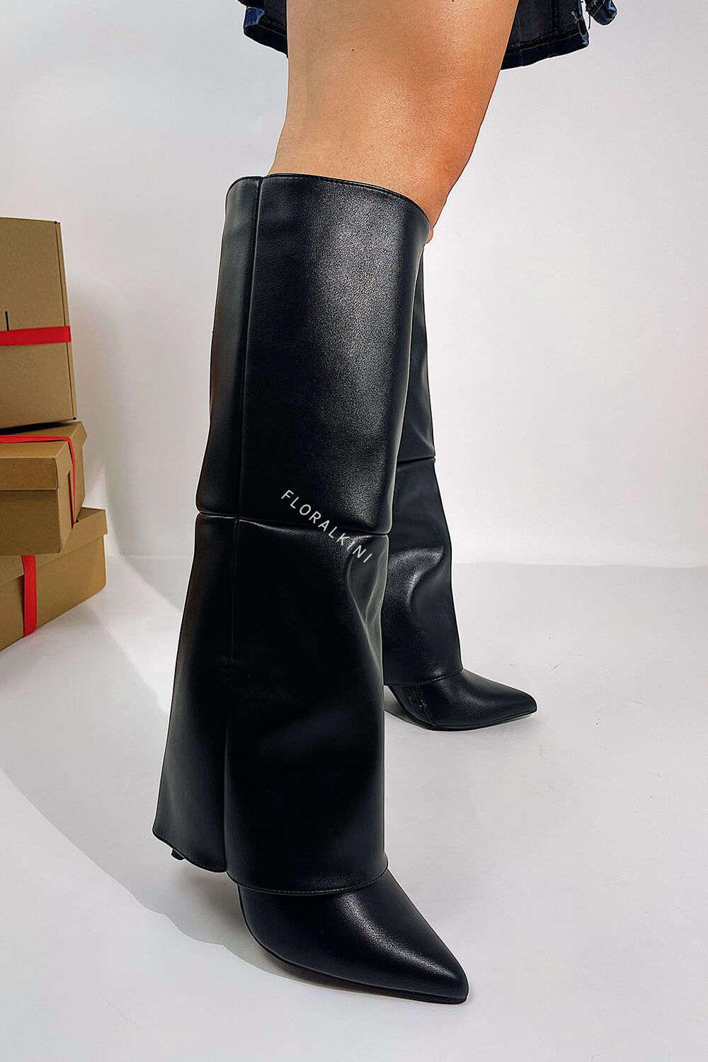 Black Faux Leather Folded Over Knee High Stiletto Heeled Boots