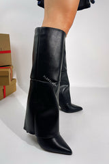 Black Faux Leather Folded Over Knee High Stiletto Heeled Boots