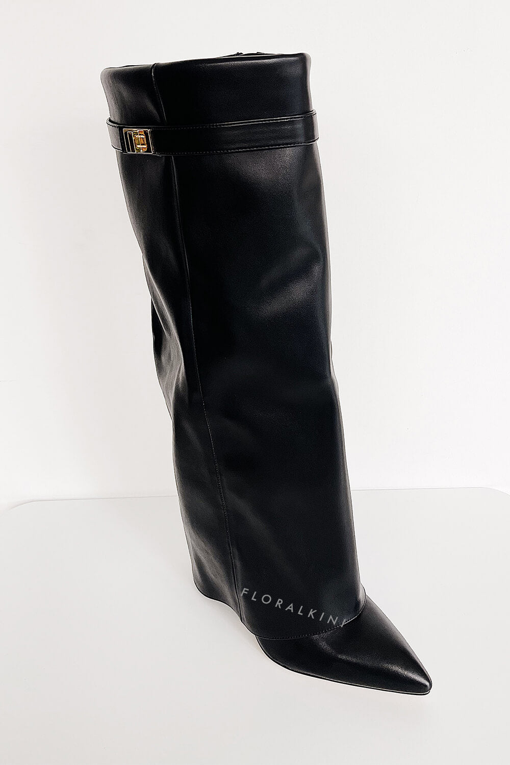 Faux Leather Fold Over Metal Lock Detail Knee High Boots