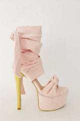 Platform Suede Tie Wrap Around Stiletto Heel - Nude