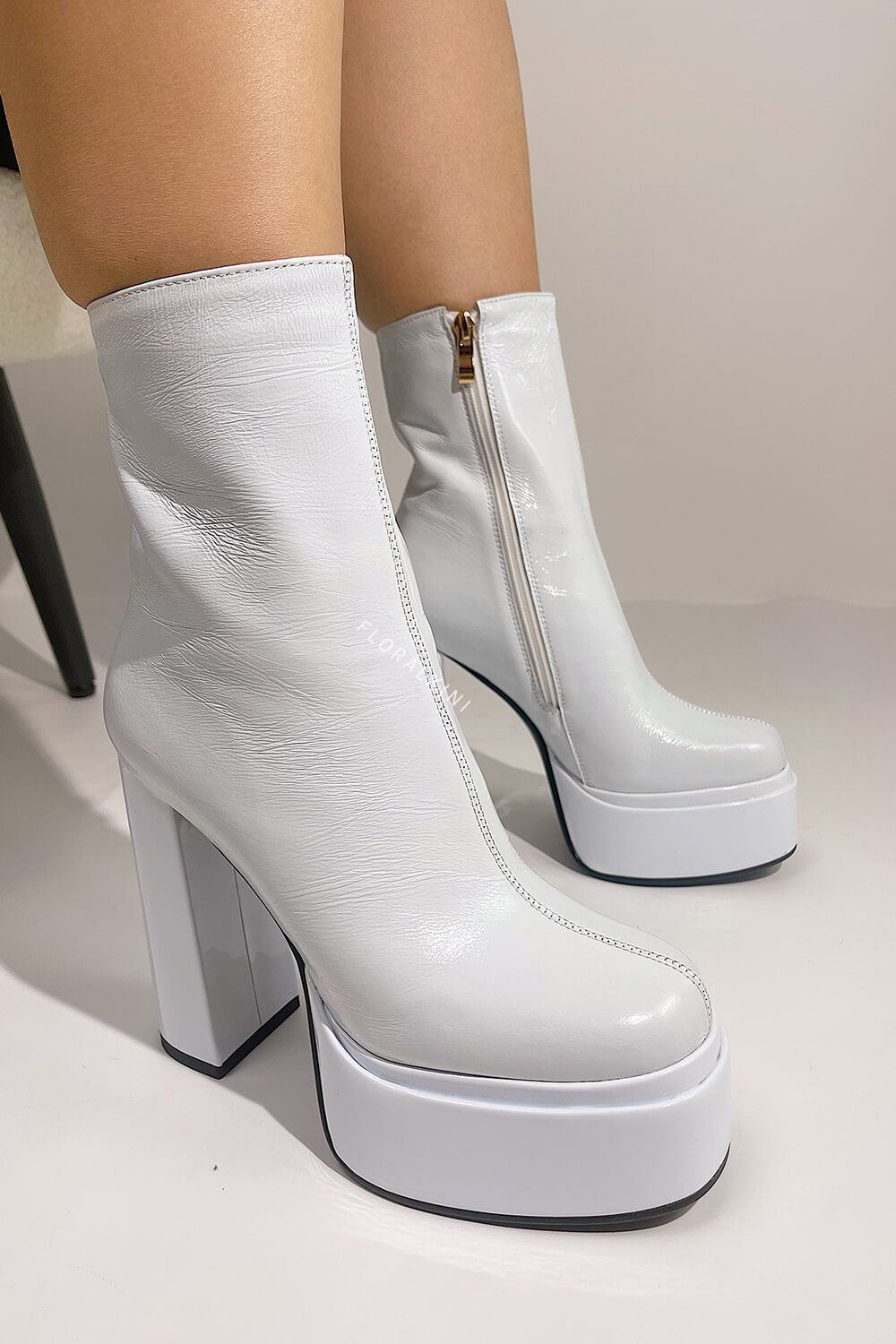 Calf Leather Double Platform Block Heel Ankle Boots