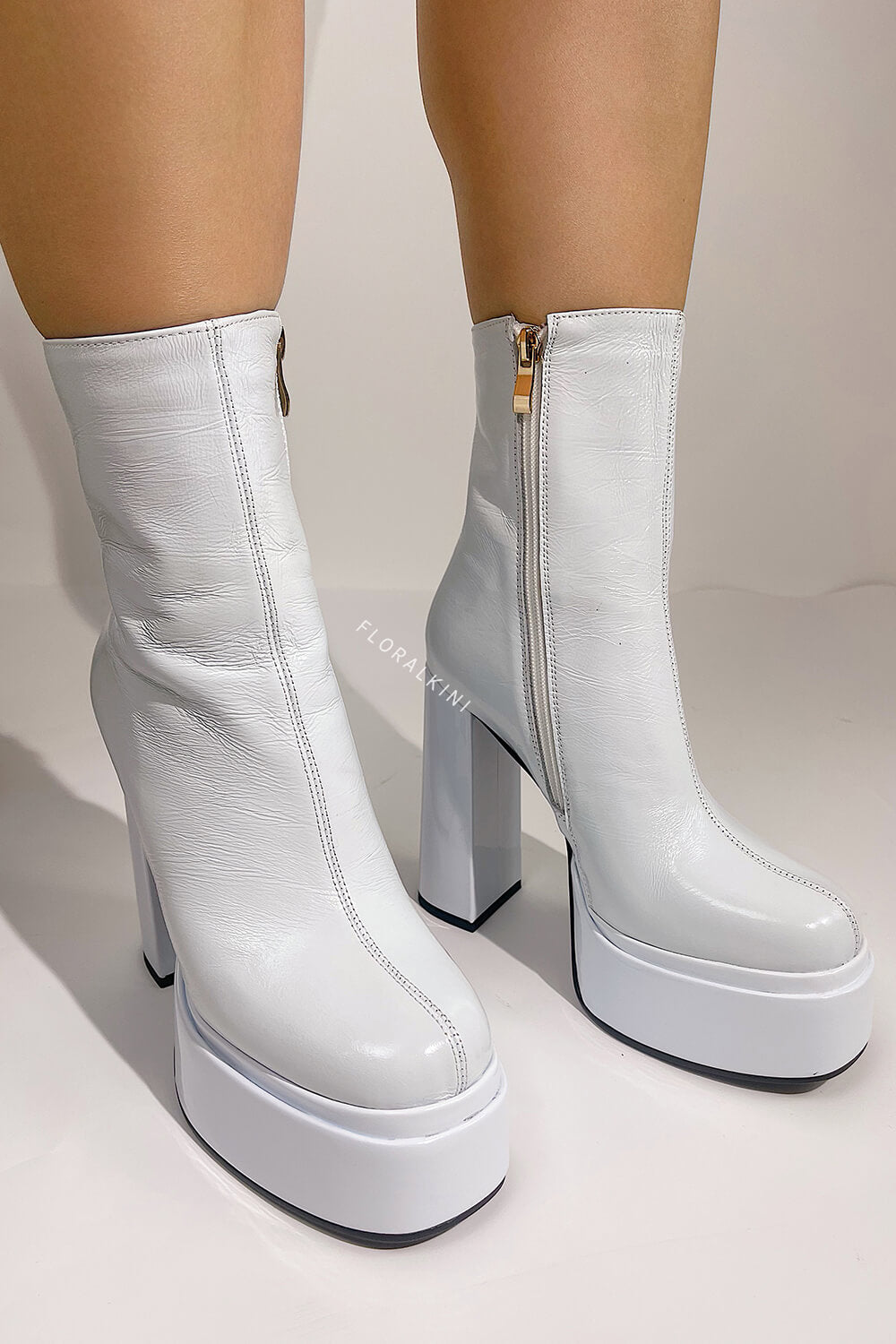 Calf Leather Double Platform Block Heel Ankle Boots