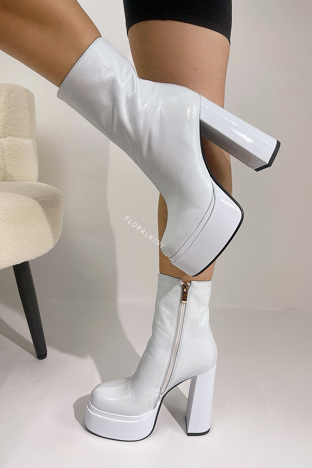 Calf Leather Double Platform Block Heel Ankle Boots