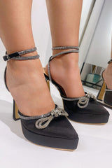 Satin Diamante Bow Pointed Toe Platform Flared Block Heel - Black