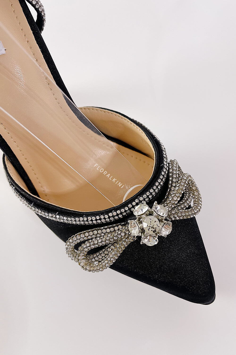 Satin Diamante Bow Pointed Toe Platform Flared Block Heel - Black