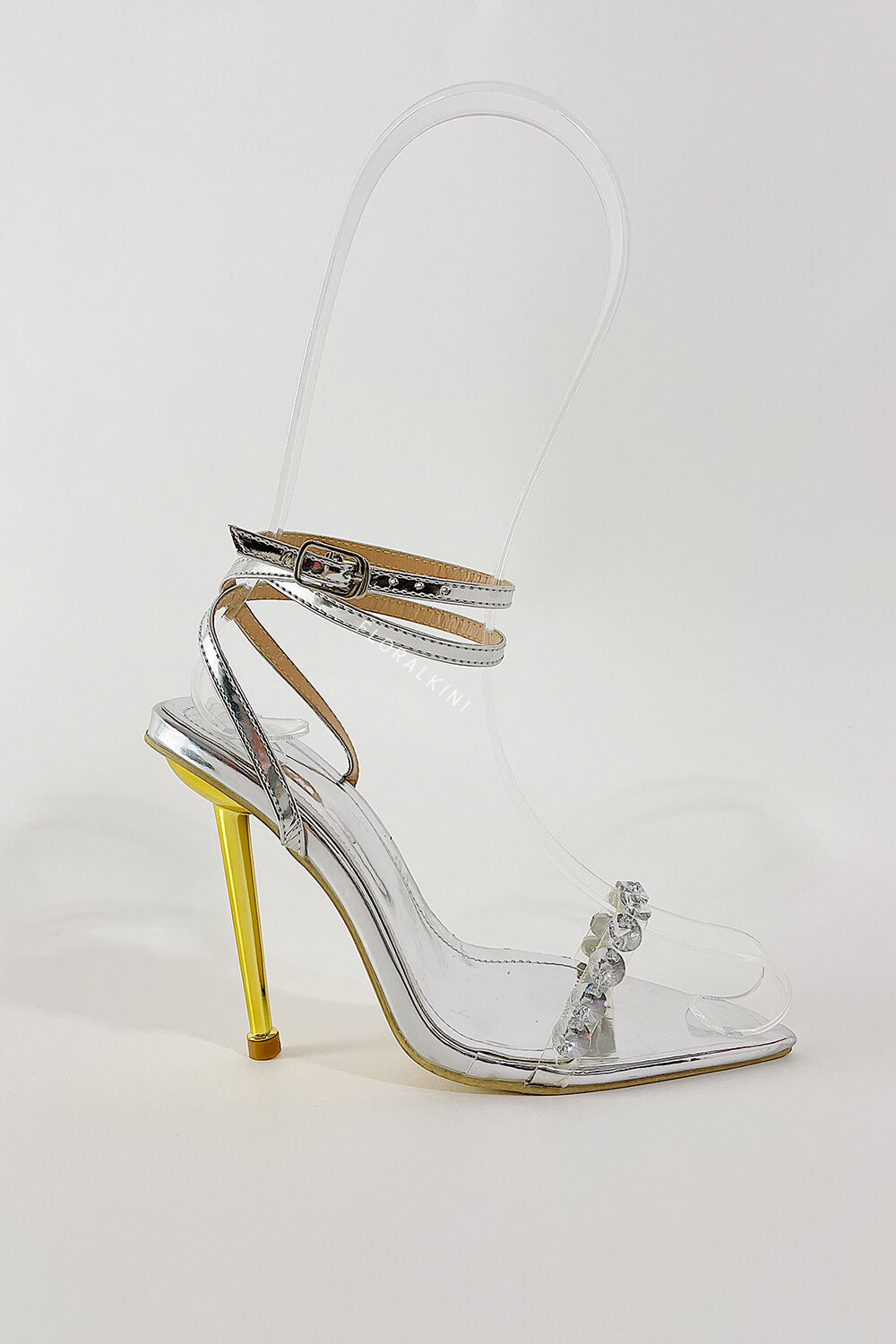 Metallic Clear Diamante Pointed Toe High Stiletto Heels - Silver