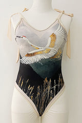 Whooping Crane Print Plunge Tie-Shoulder One Piece Swimsuit