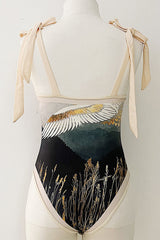 Whooping Crane Print Plunge Tie-Shoulder One Piece Swimsuit