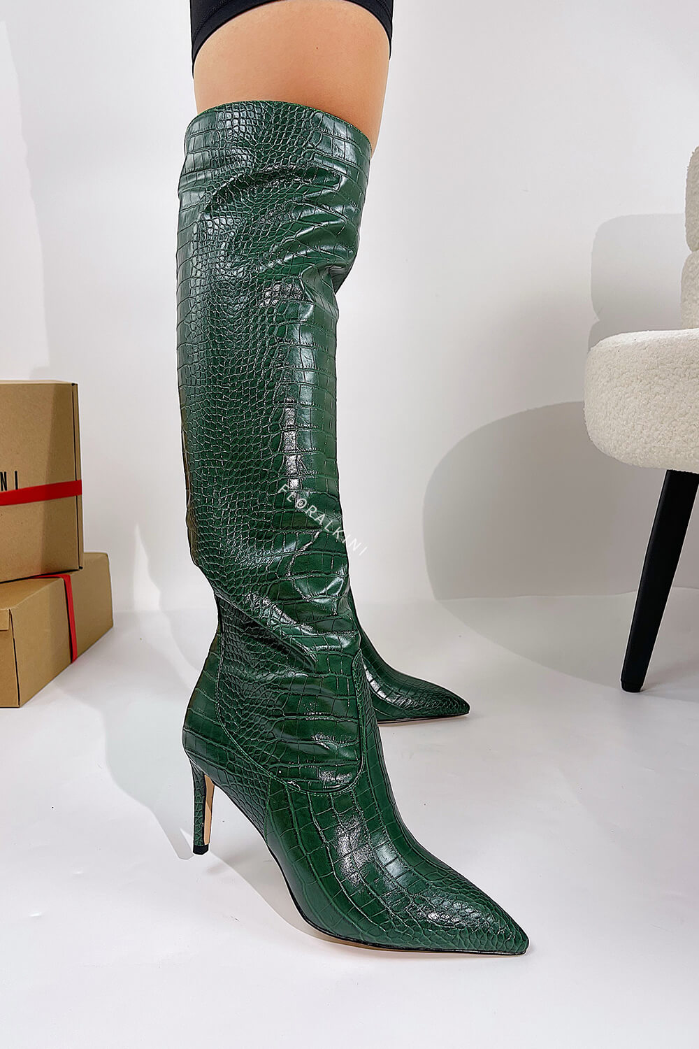 Croc Print Wide Fit Pointed Toe Stiletto Heel Knee High Boots-White/Orange/Red/Green/Black/Cyan/Brown/Lime