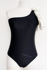 Black White Ruffled One Shoulder One Piece Swimsuit