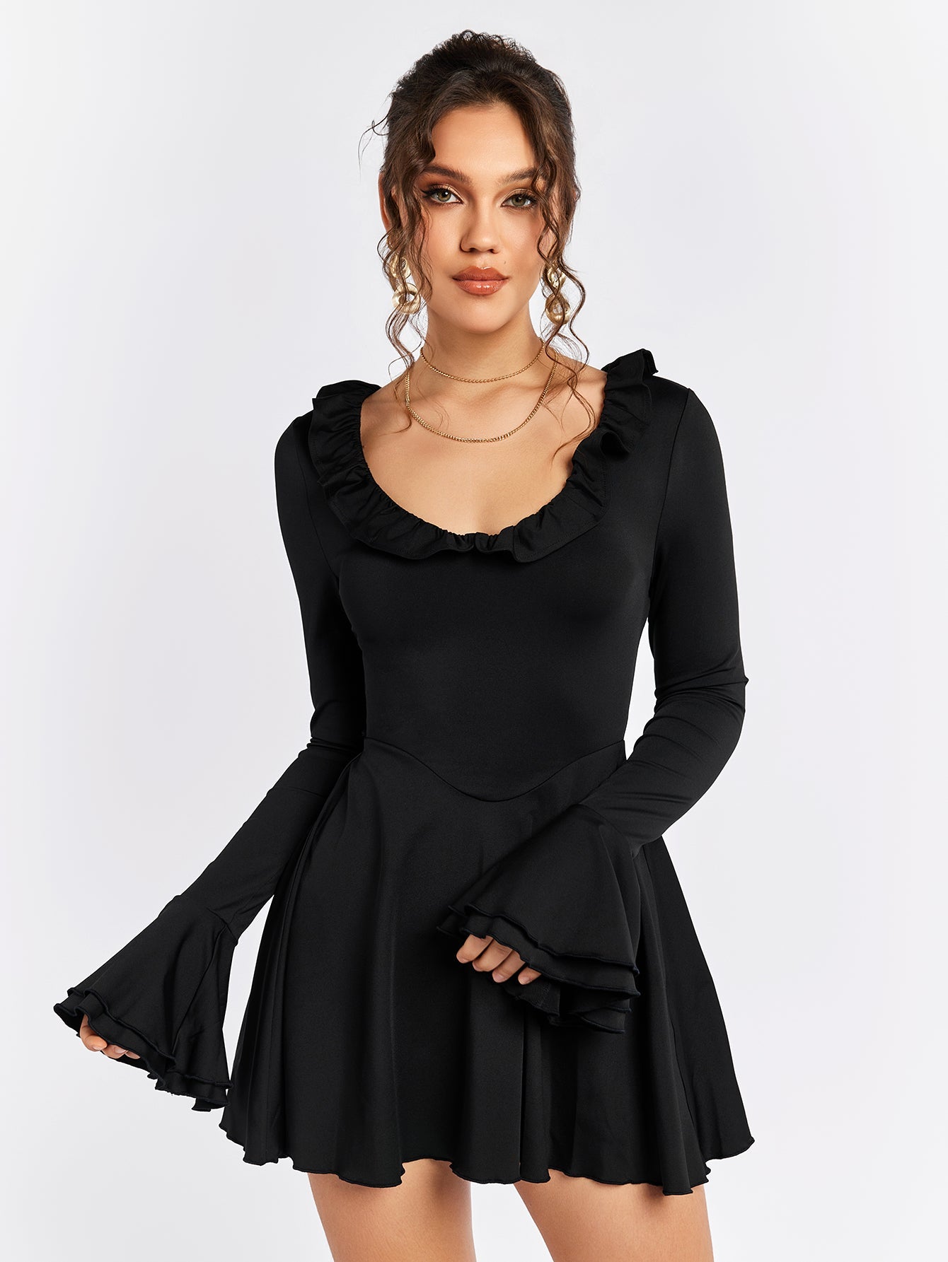 Long Sleeve Ruffle Flared Dress