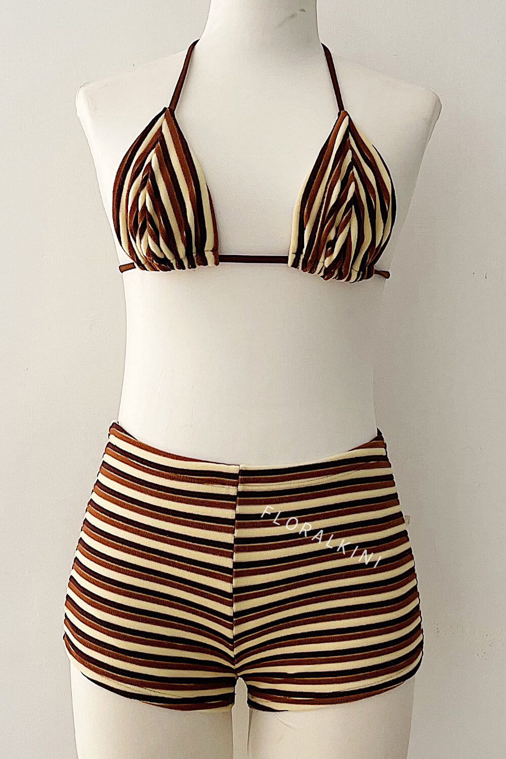 Color Block Striped Rib Triangle Halter Bikini Top And Low Rise Boy Shorts