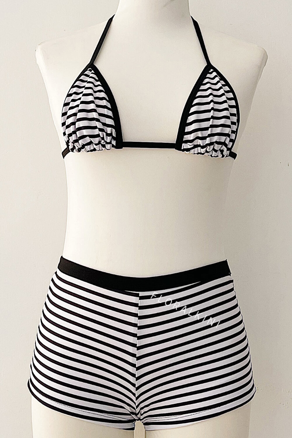 Black & White Striped Triangle Halter Bikini Top And Low Rise Boy Shorts