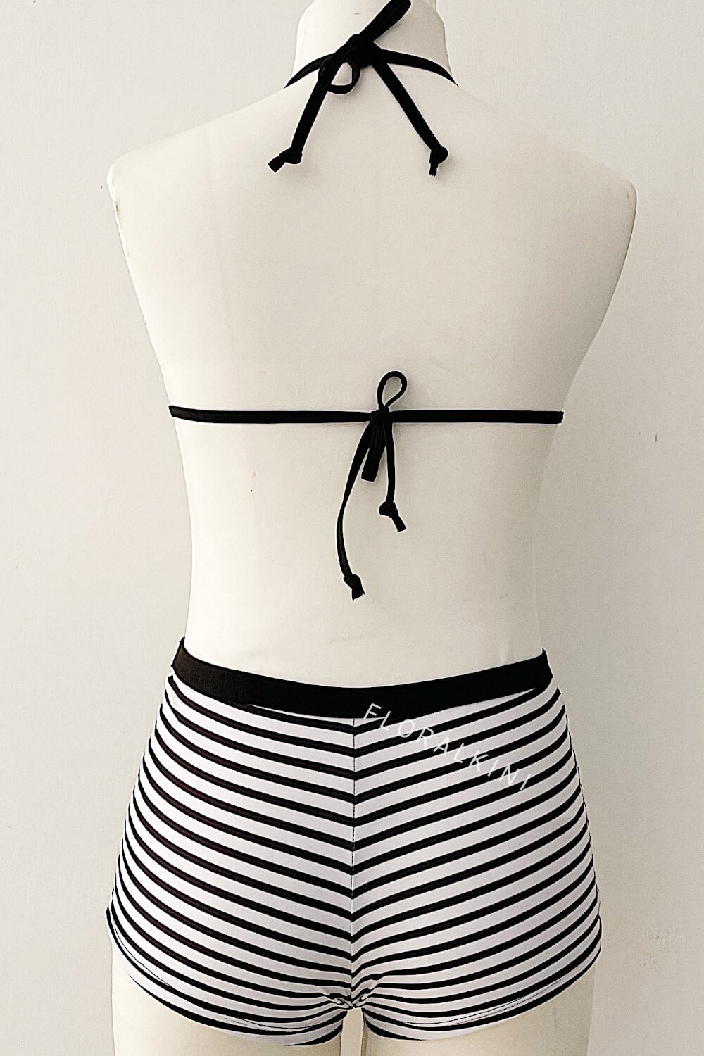 Black & White Striped Triangle Halter Bikini Top And Low Rise Boy Shorts