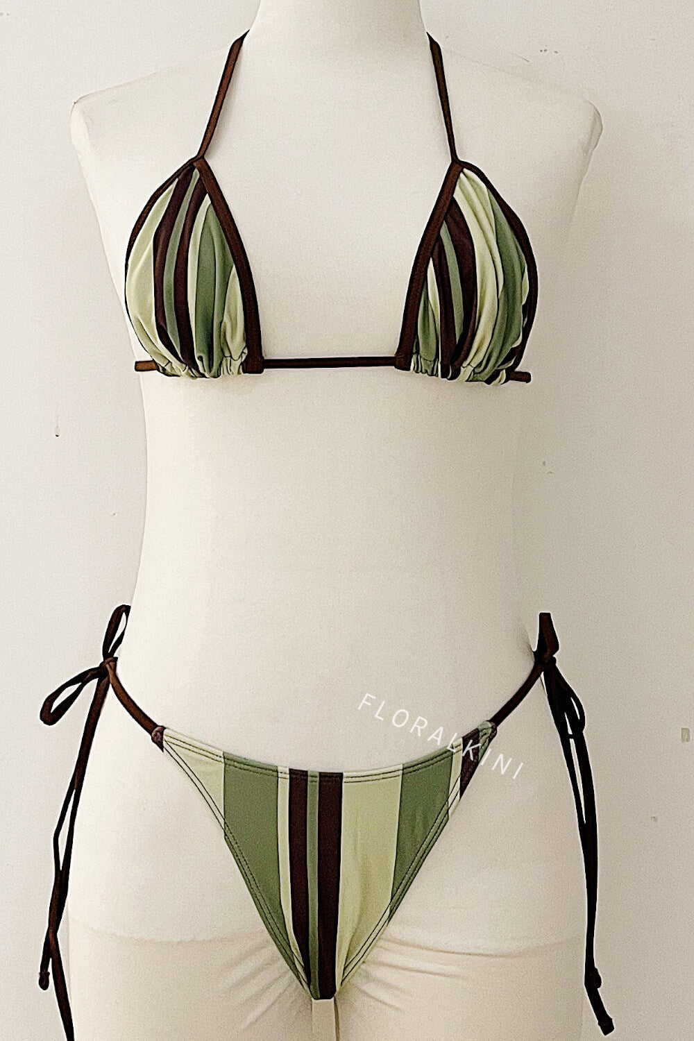 Green And Khaki Striped Print Triangle Tie Side Bikini Set