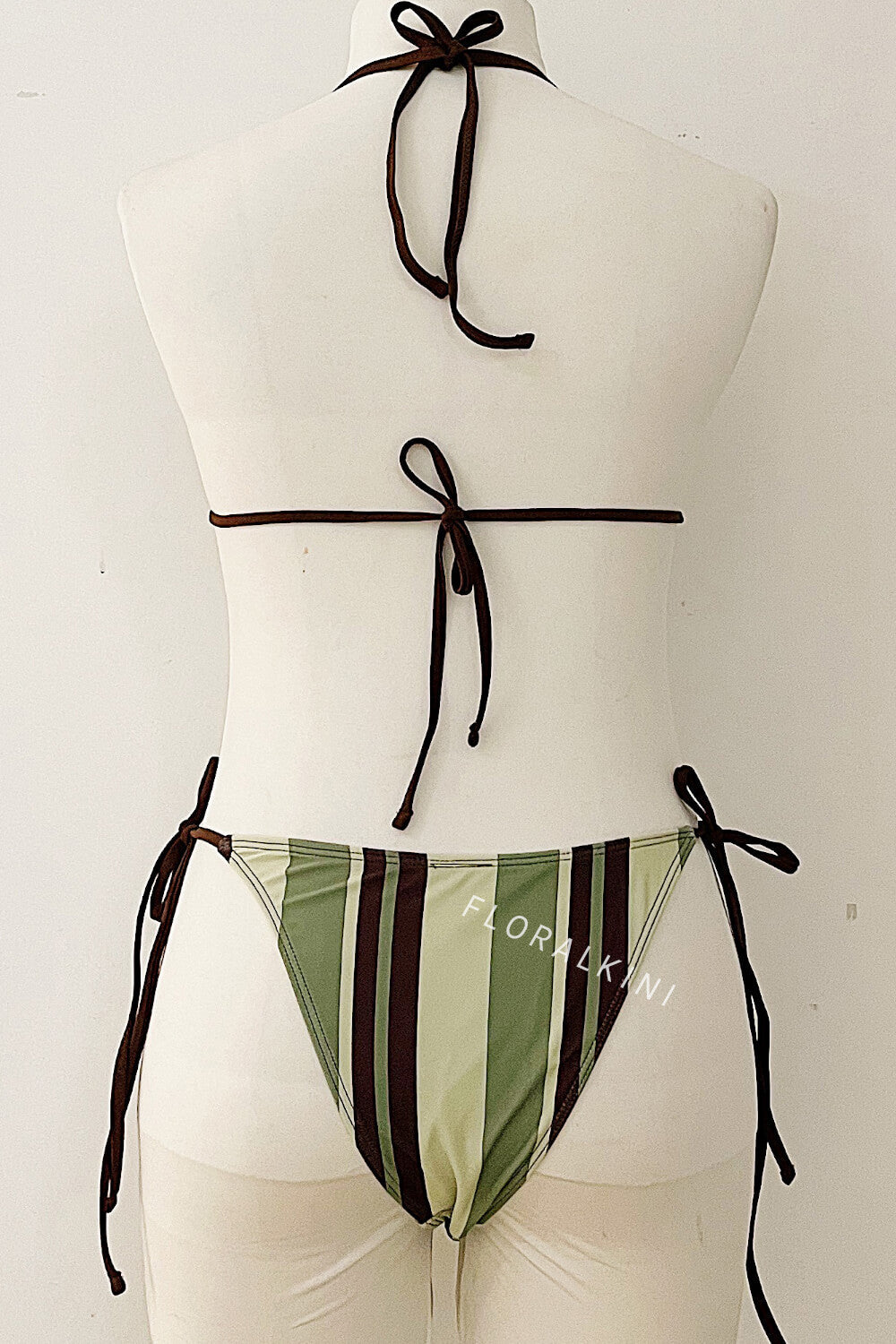Green And Khaki Striped Print Triangle Tie Side Bikini Set