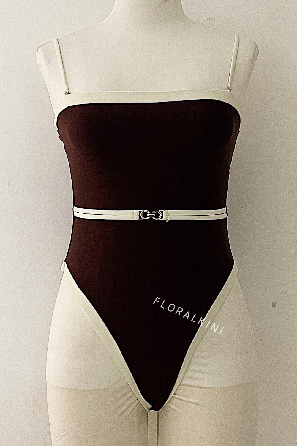 Color Block Strapless One Piece Swimsuit With Detachable Belt - Chocolate & White