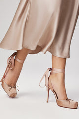 Bow-Detailed Satin Lace-Up Strappy Slingback Stiletto Pumps