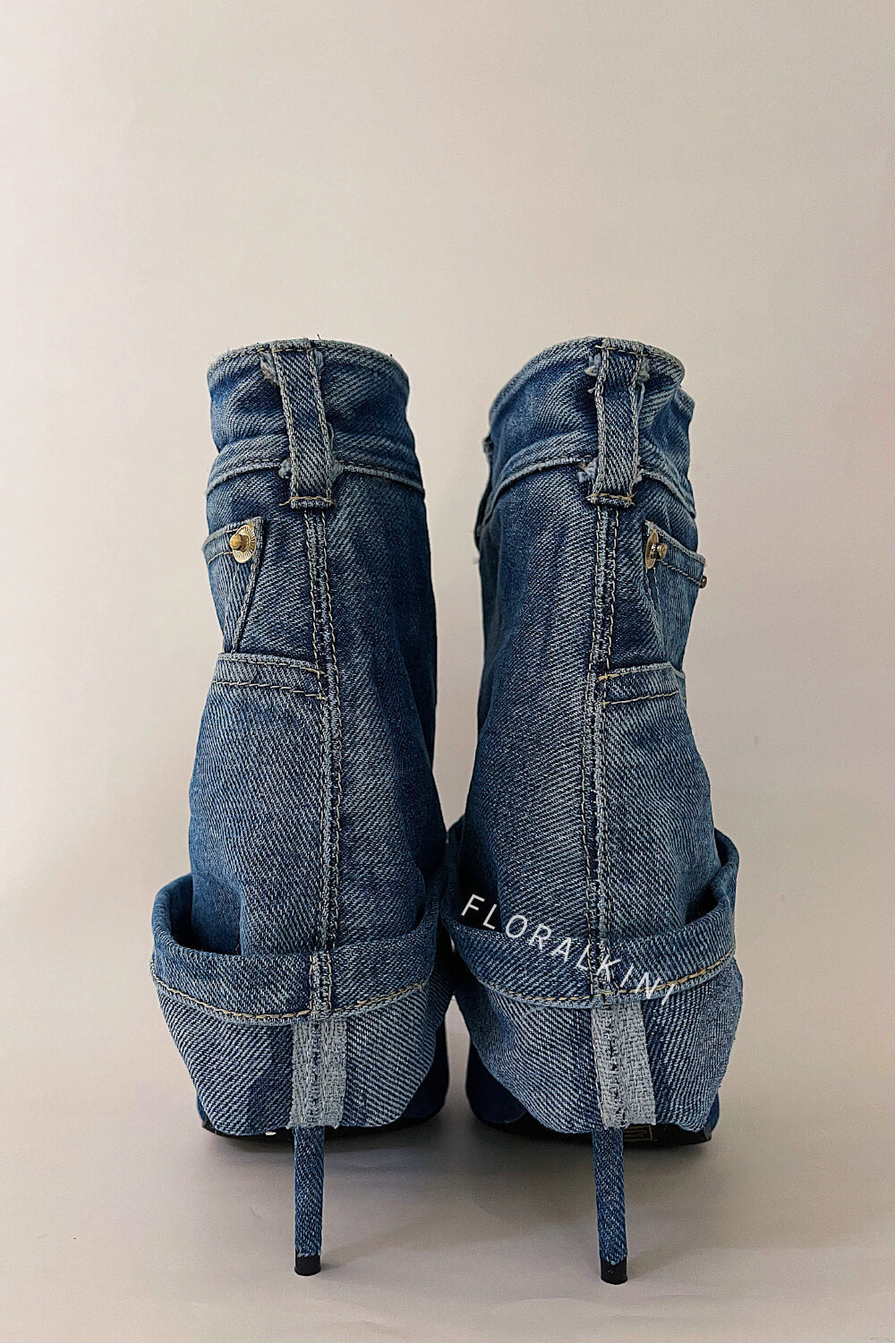 Denim Folded Mid Calf Pointed Toe Stiletto Heel Boots