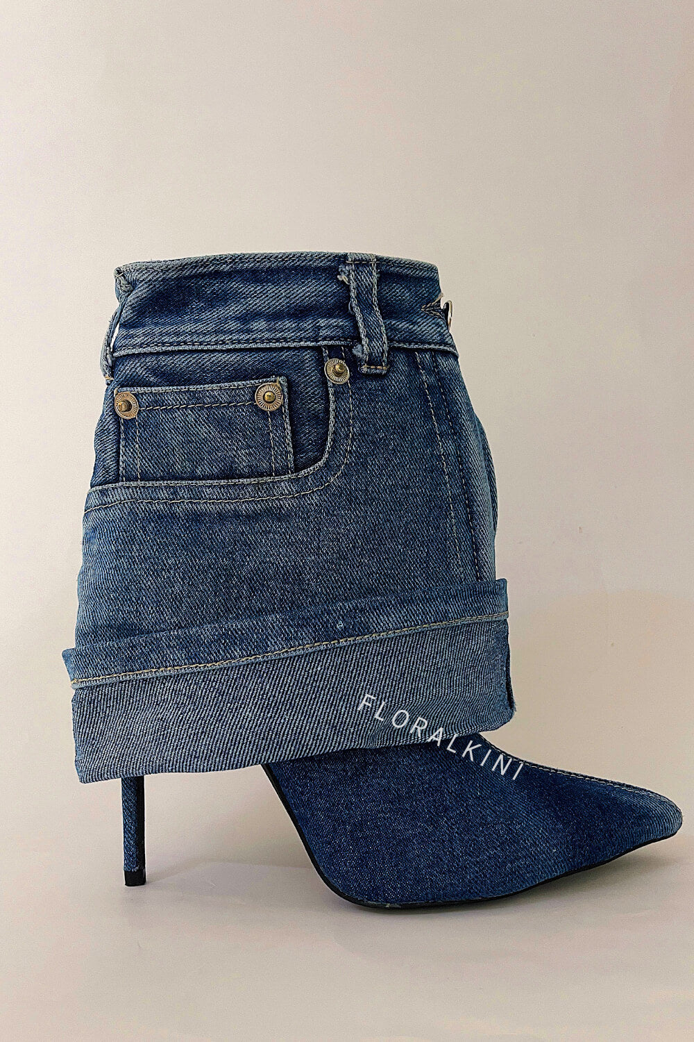 Denim Folded Mid Calf Pointed Toe Stiletto Heel Boots