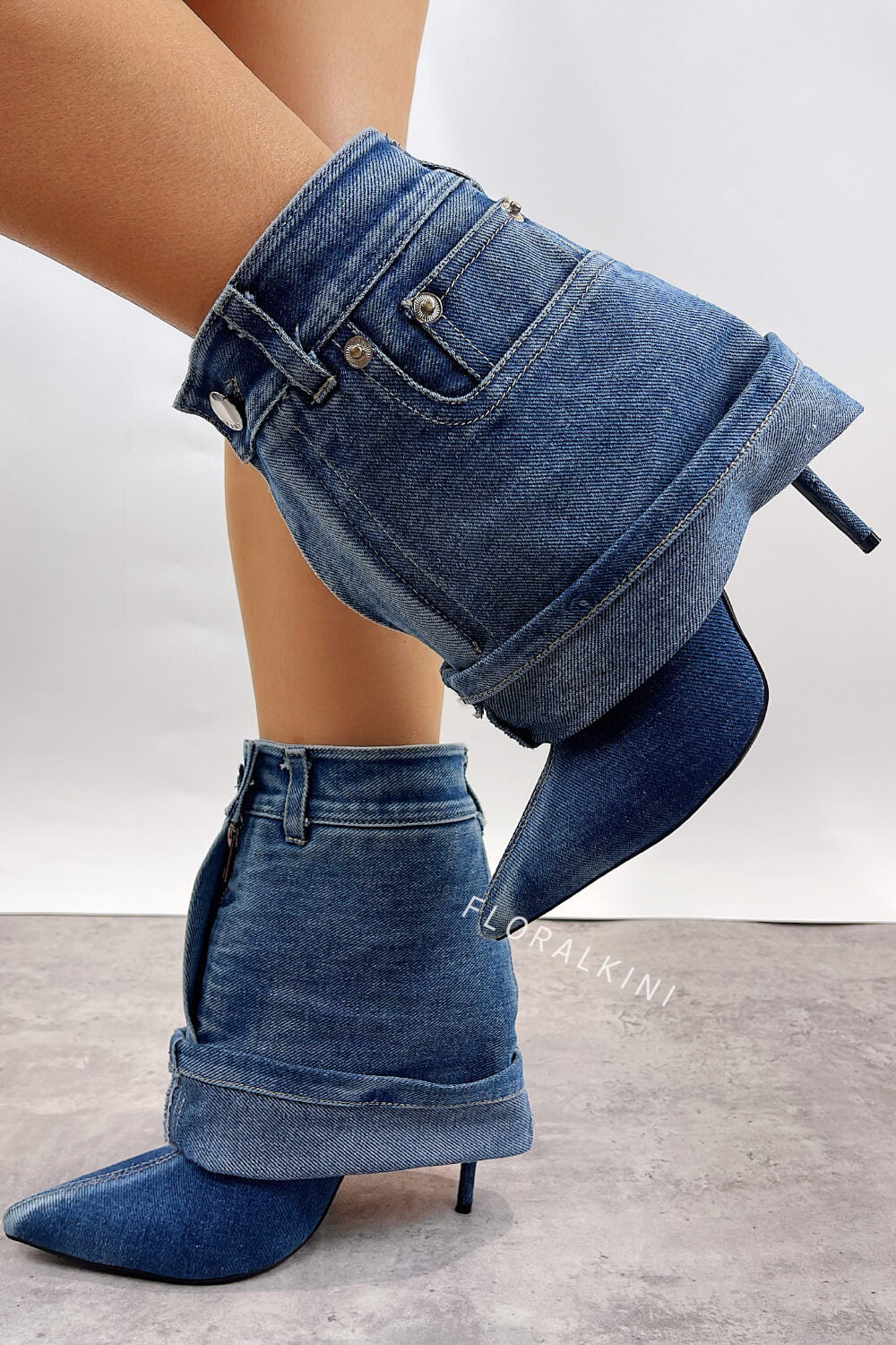 Denim Folded Mid Calf Pointed Toe Stiletto Heel Boots