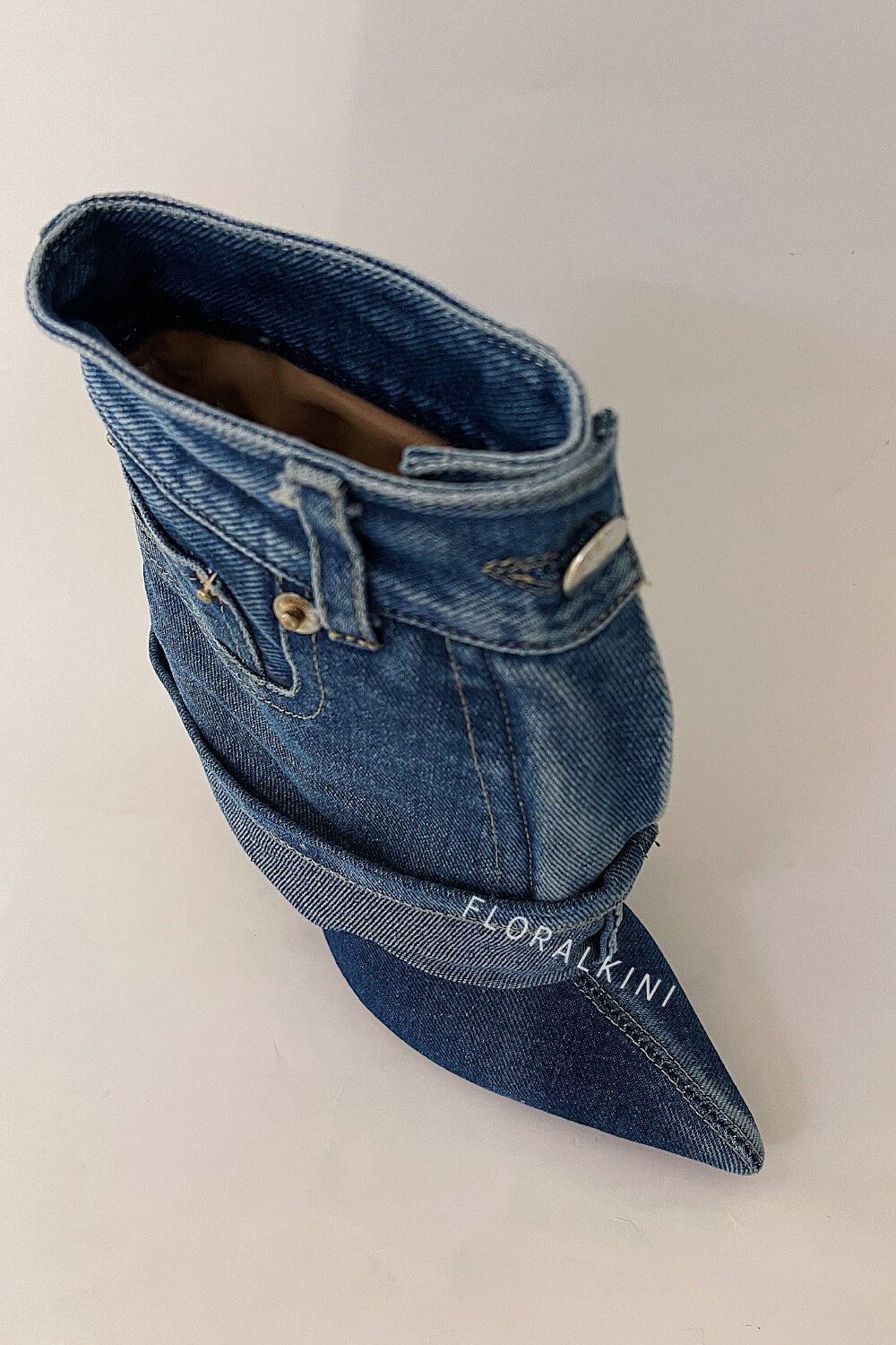 Denim Folded Mid Calf Pointed Toe Stiletto Heel Boots