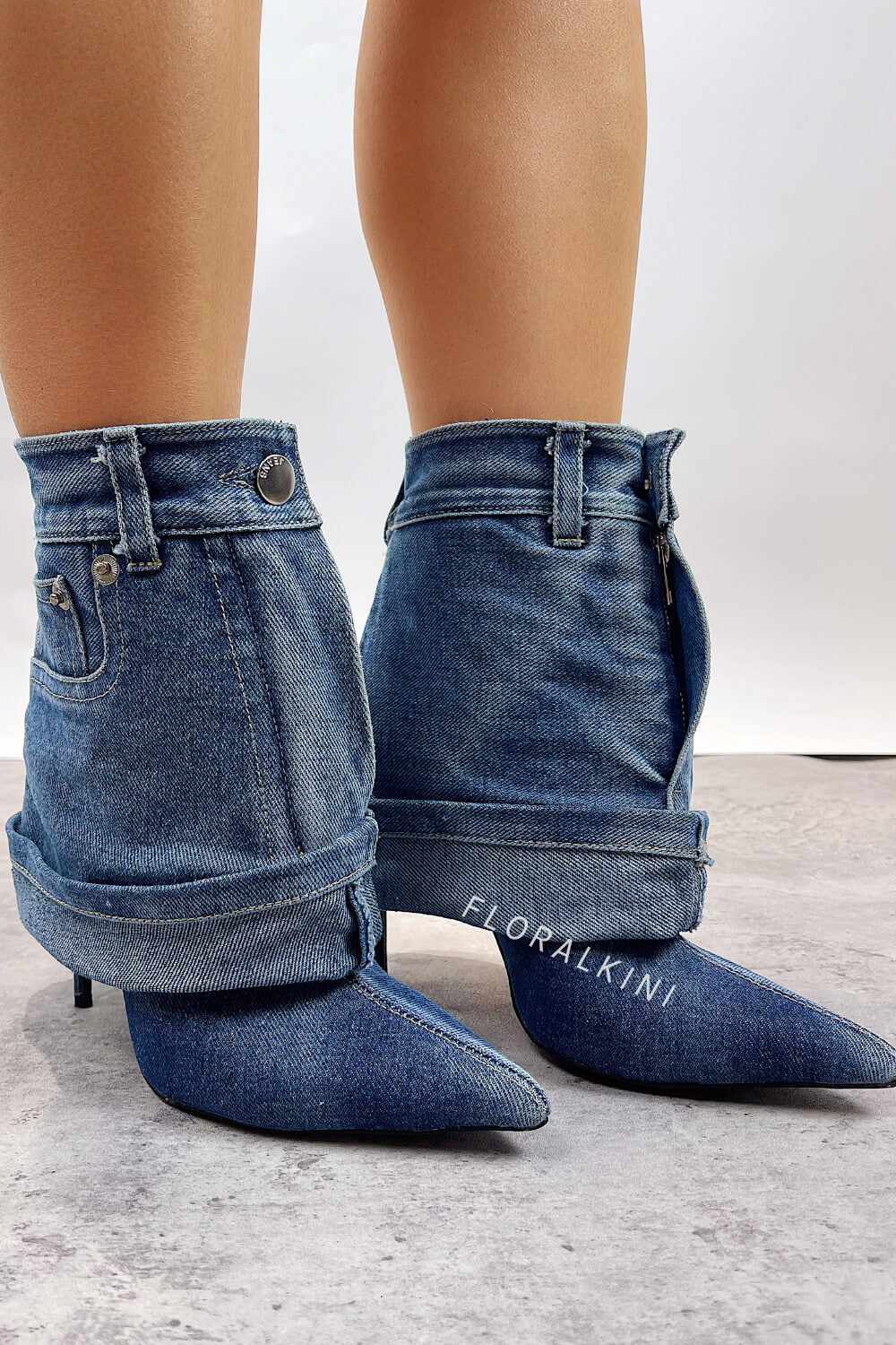Denim Folded Mid Calf Pointed Toe Stiletto Heel Boots