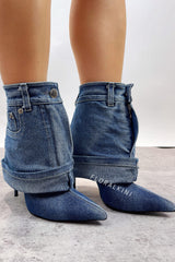 Denim Folded Mid Calf Pointed Toe Stiletto Heel Boots