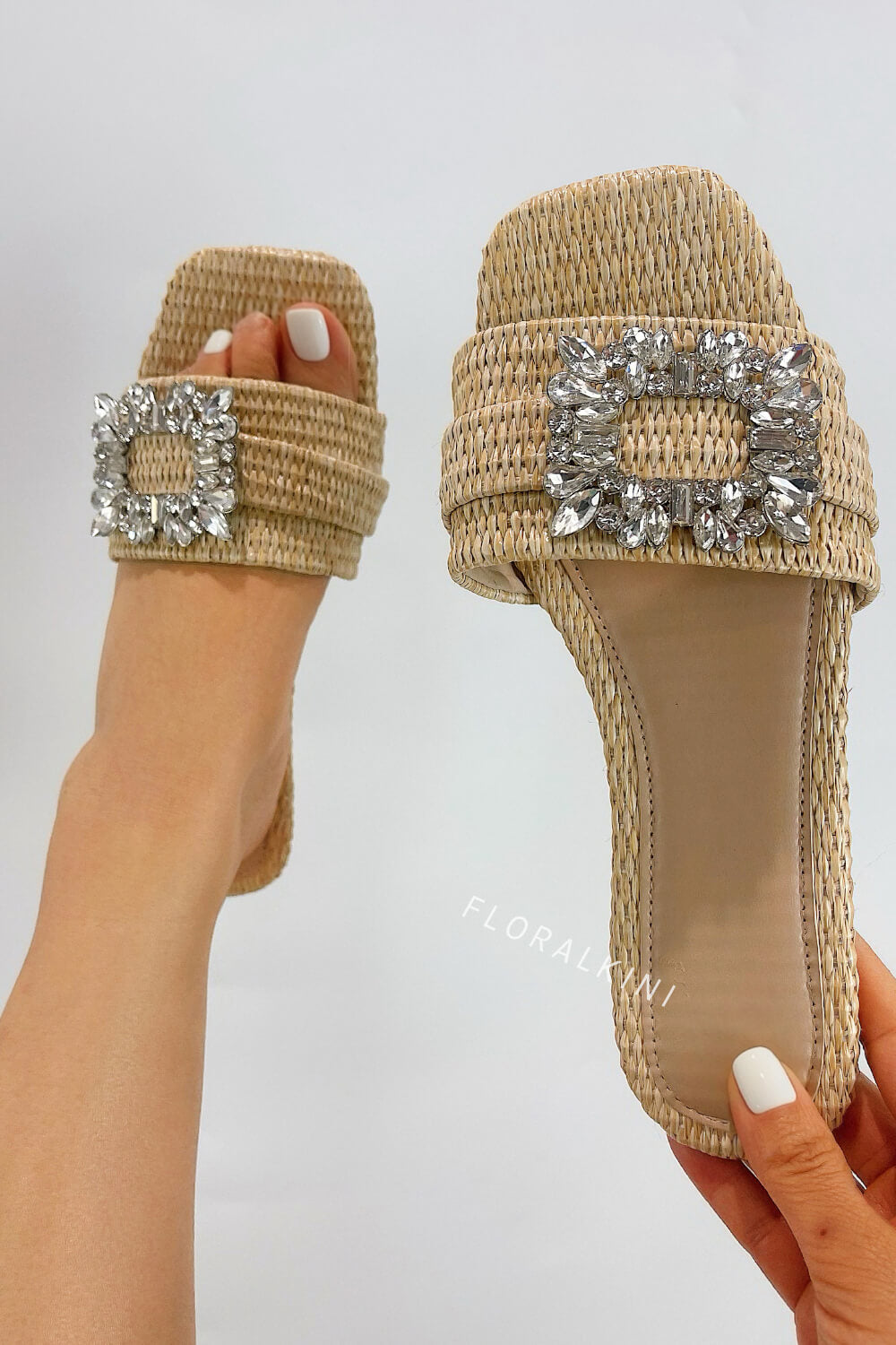 Raffia Embellished Buckle Slip On Flat Sandals