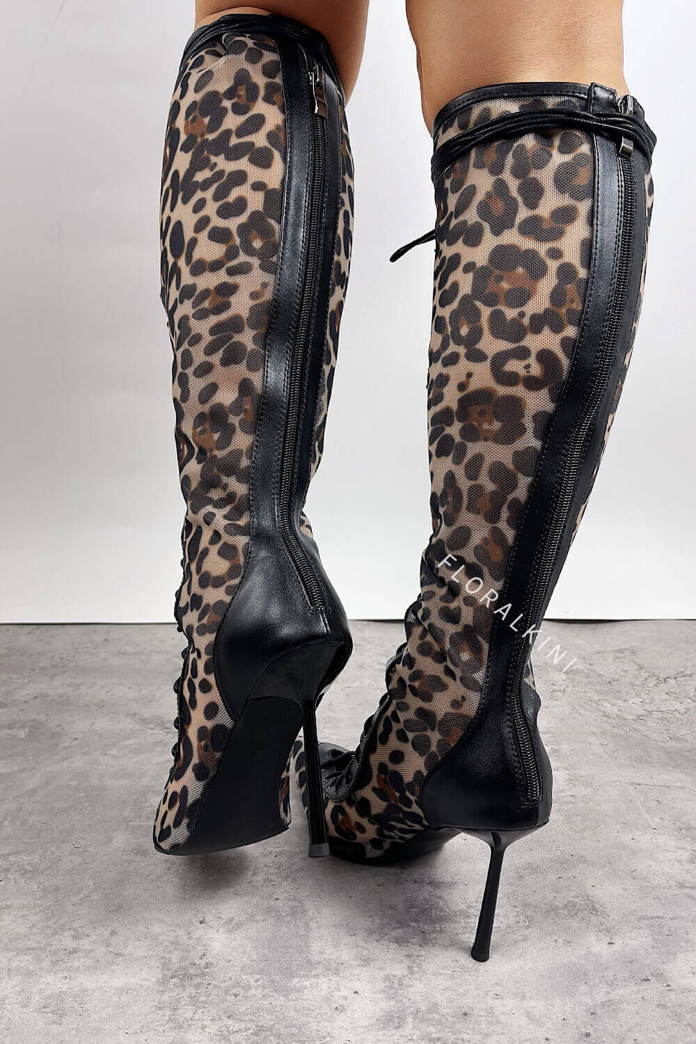Leopard Print Mesh Laced-Up Tapered Toe Knee High Stiletto Boots