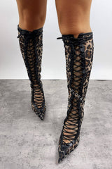 Leopard Print Mesh Laced-Up Tapered Toe Knee High Stiletto Boots