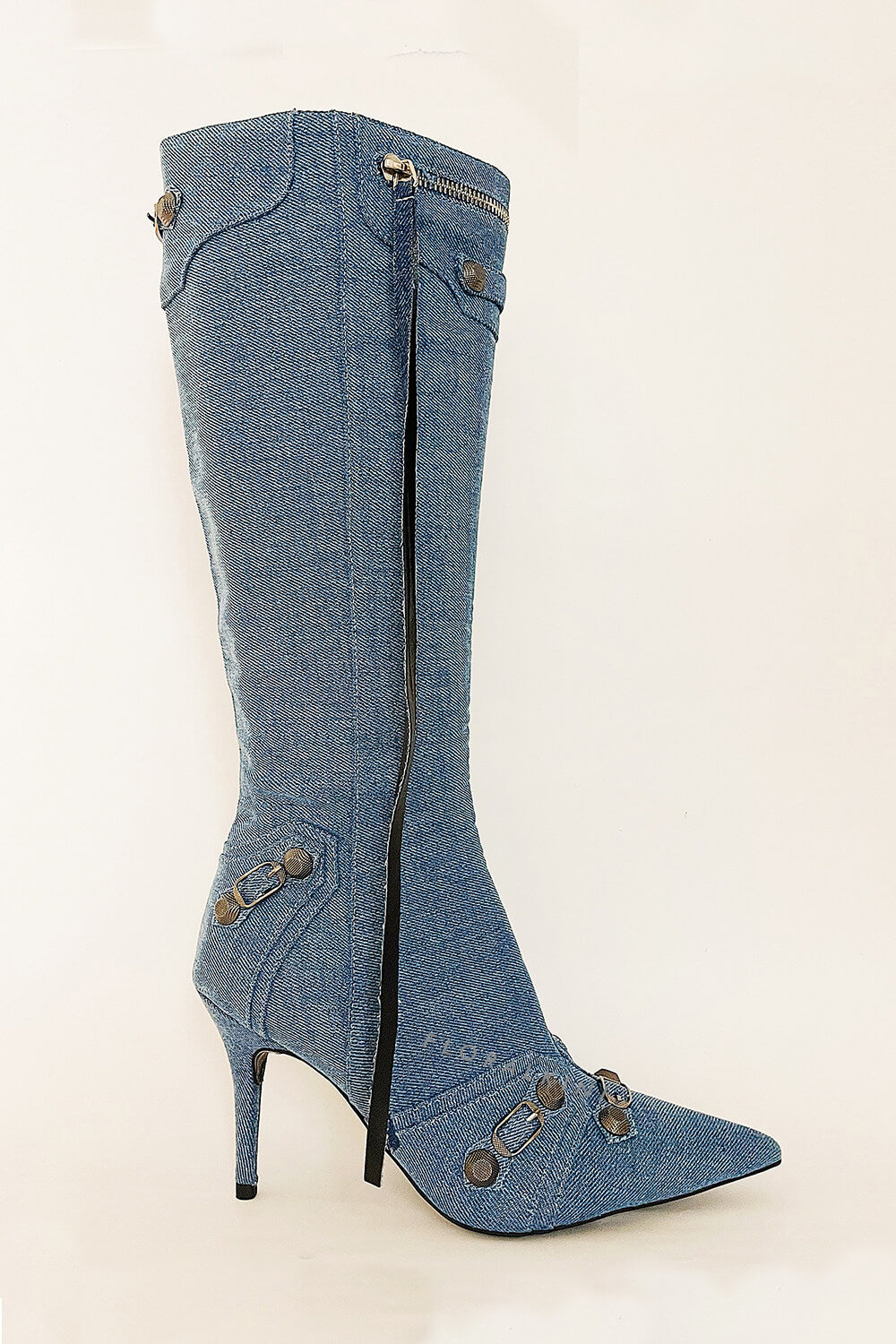 Denim Knee High Pointed Toe Stiletto Boots With Studs And Pin Buckle Strap Details - Dark Blue