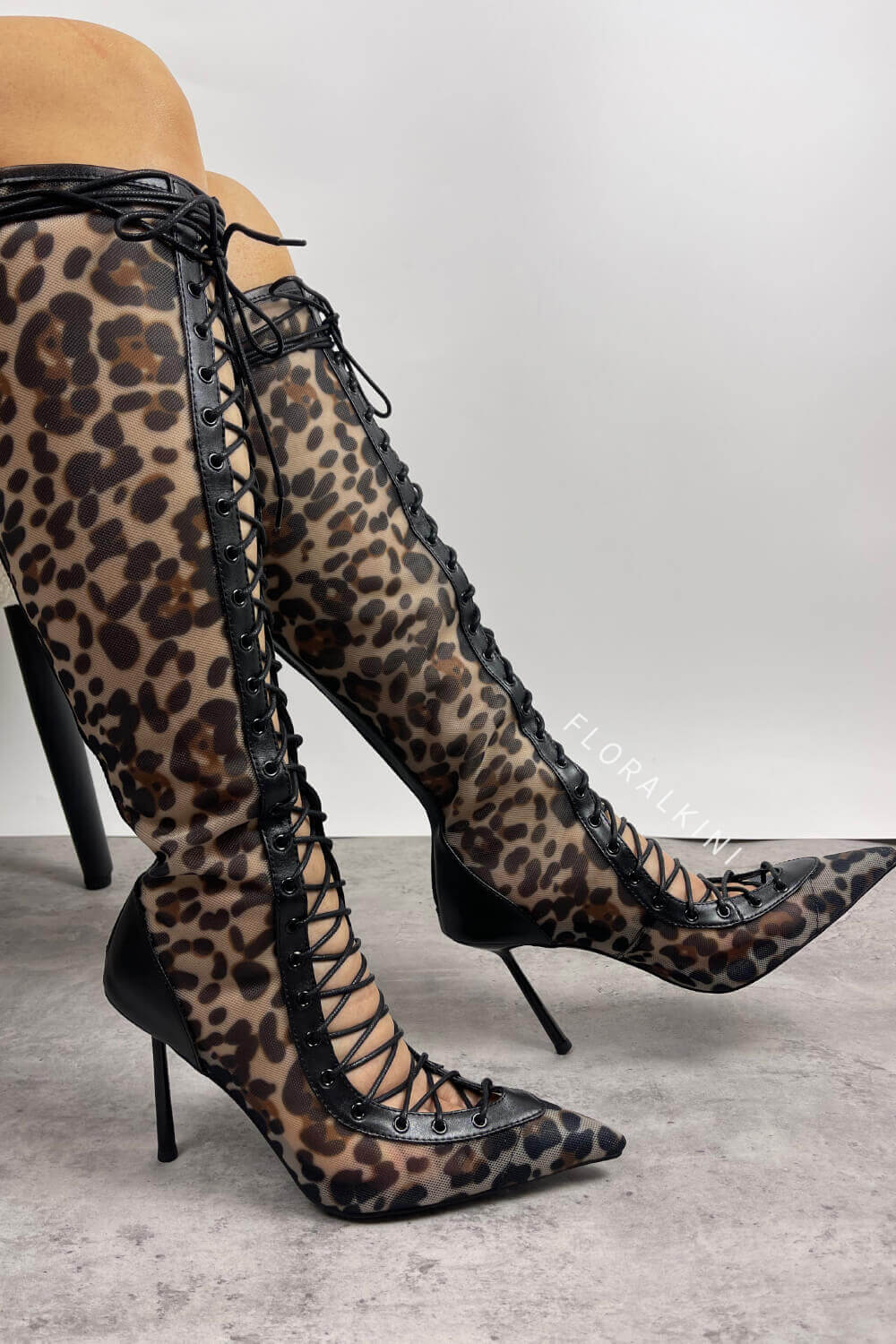 Leopard Print Mesh Laced-Up Tapered Toe Knee High Stiletto Boots