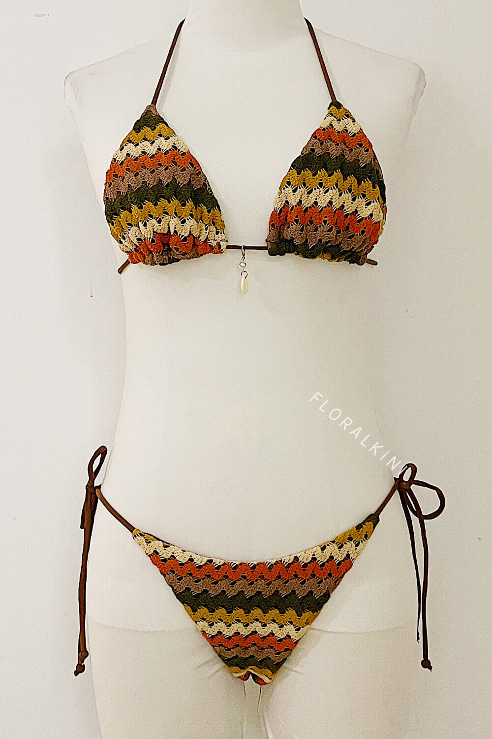 Multi Crochet Triangle Halter Tie Side Bikini Set With Silver Ring Details