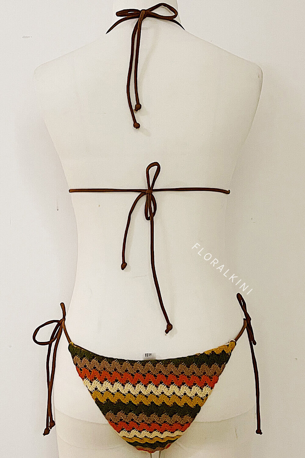 Multi Crochet Triangle Halter Tie Side Bikini Set With Silver Ring Details