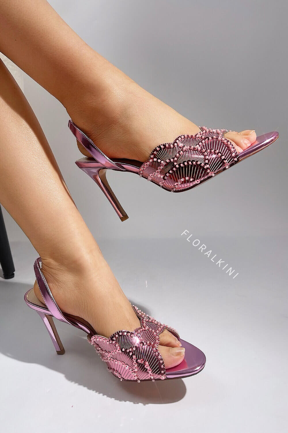 Foral Sequin-Embellished Open Toe Stiletto Heeled Sandals