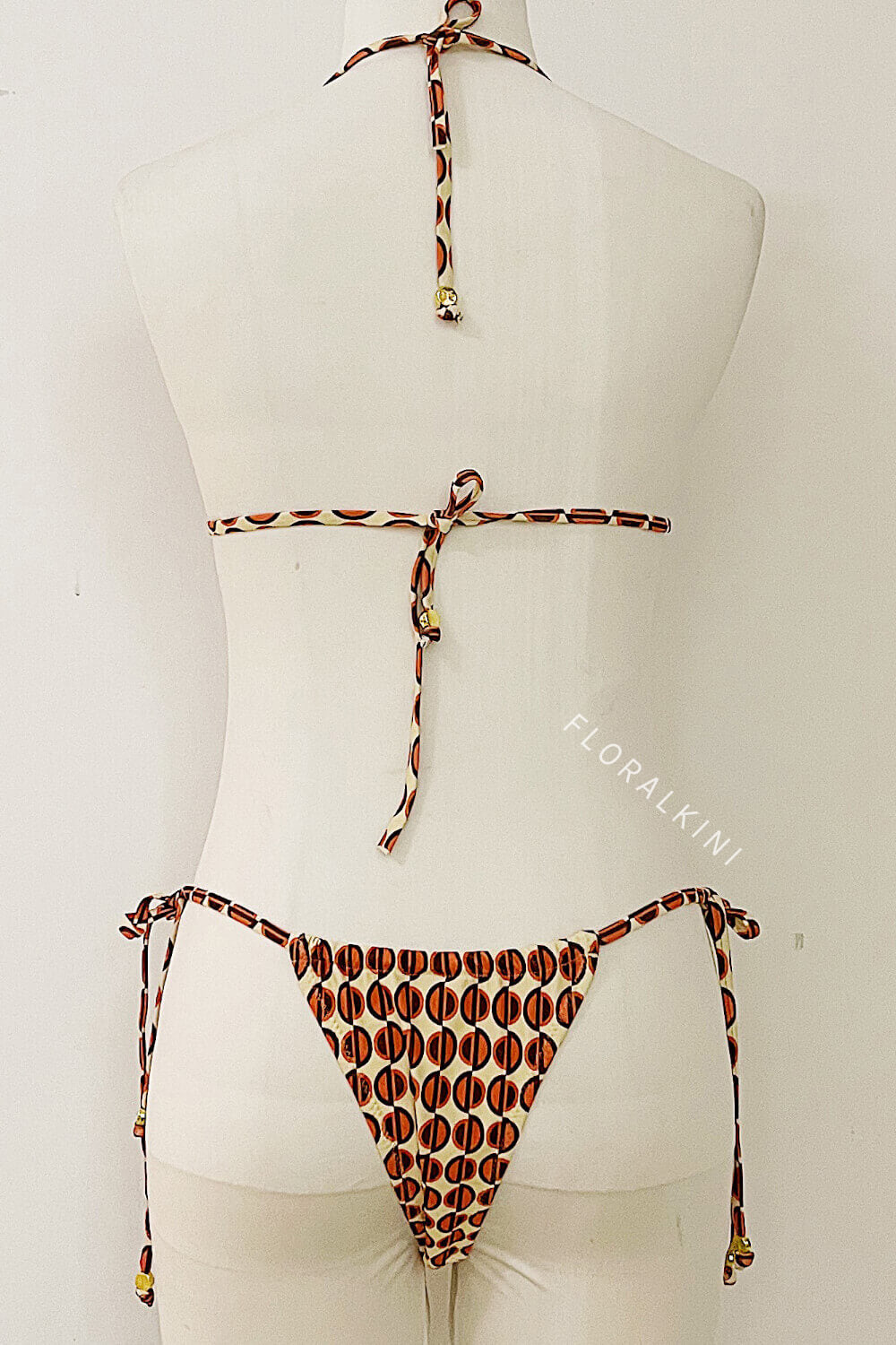 Geometric Abstract Print Triangle Tie Side Bikini Set With Silver Ring Details