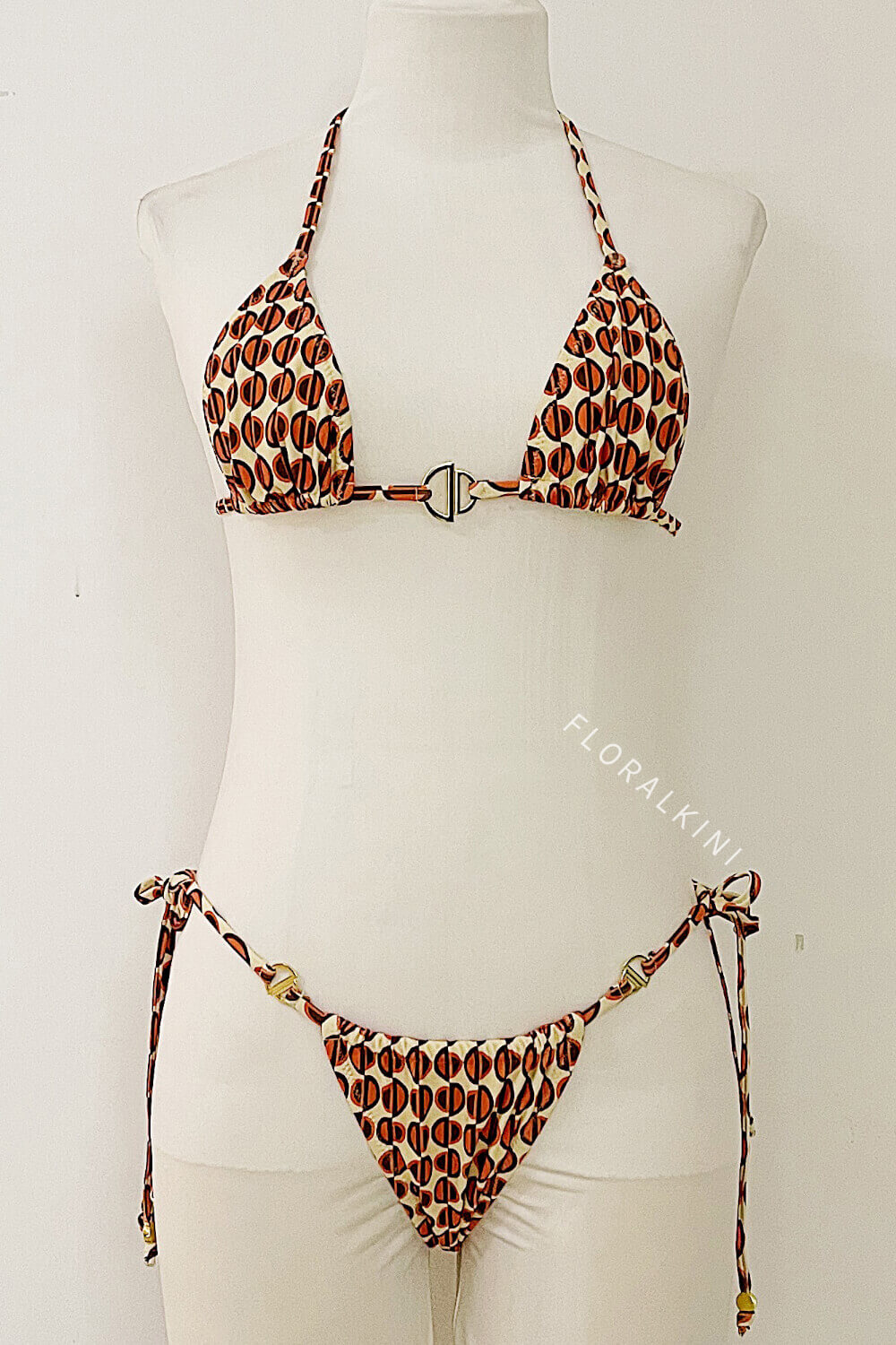 Geometric Abstract Print Triangle Tie Side Bikini Set With Silver Ring Details
