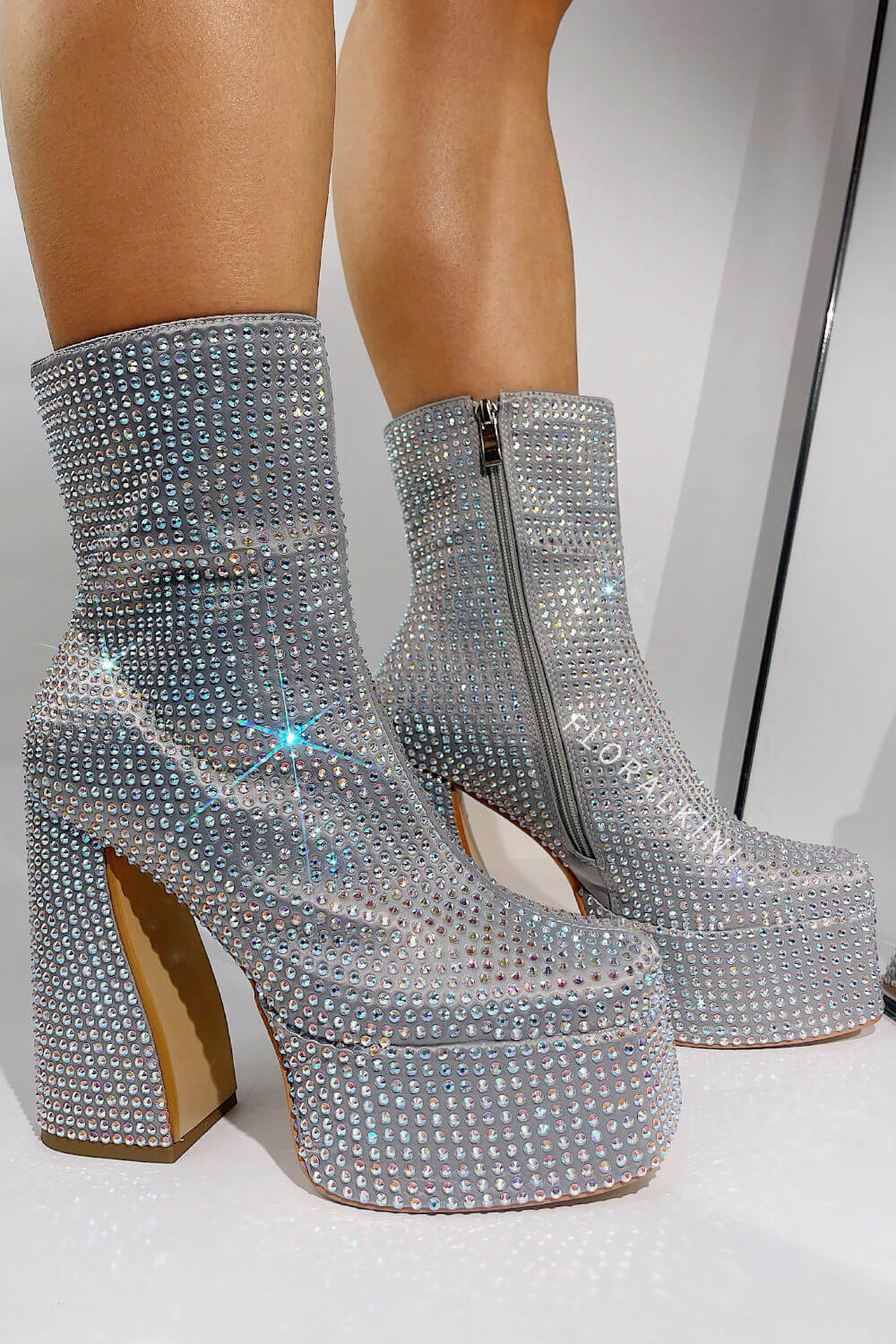 Rhinestone-Embellished Platform High Block Heel Ankle Bootie
