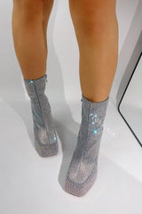 Rhinestone-Embellished Platform High Block Heel Ankle Bootie
