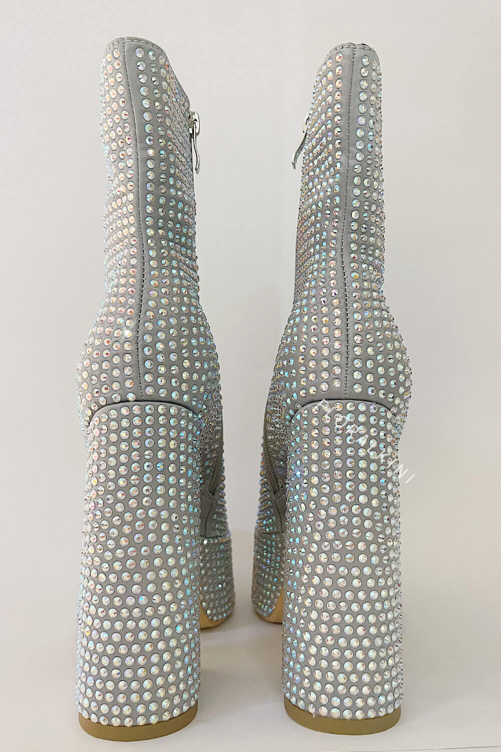 Rhinestone-Embellished Platform High Block Heel Ankle Bootie