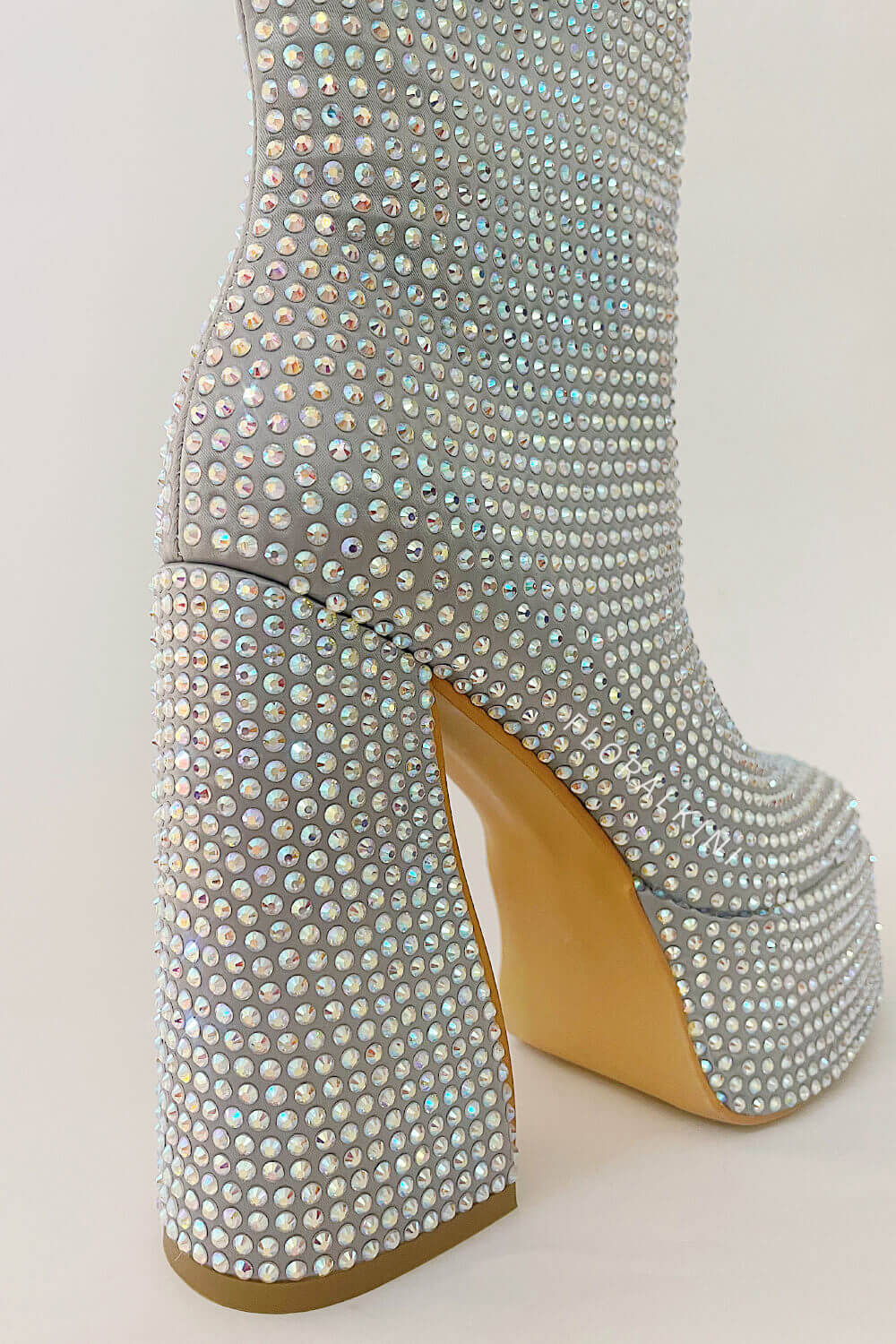 Rhinestone-Embellished Platform High Block Heel Ankle Bootie