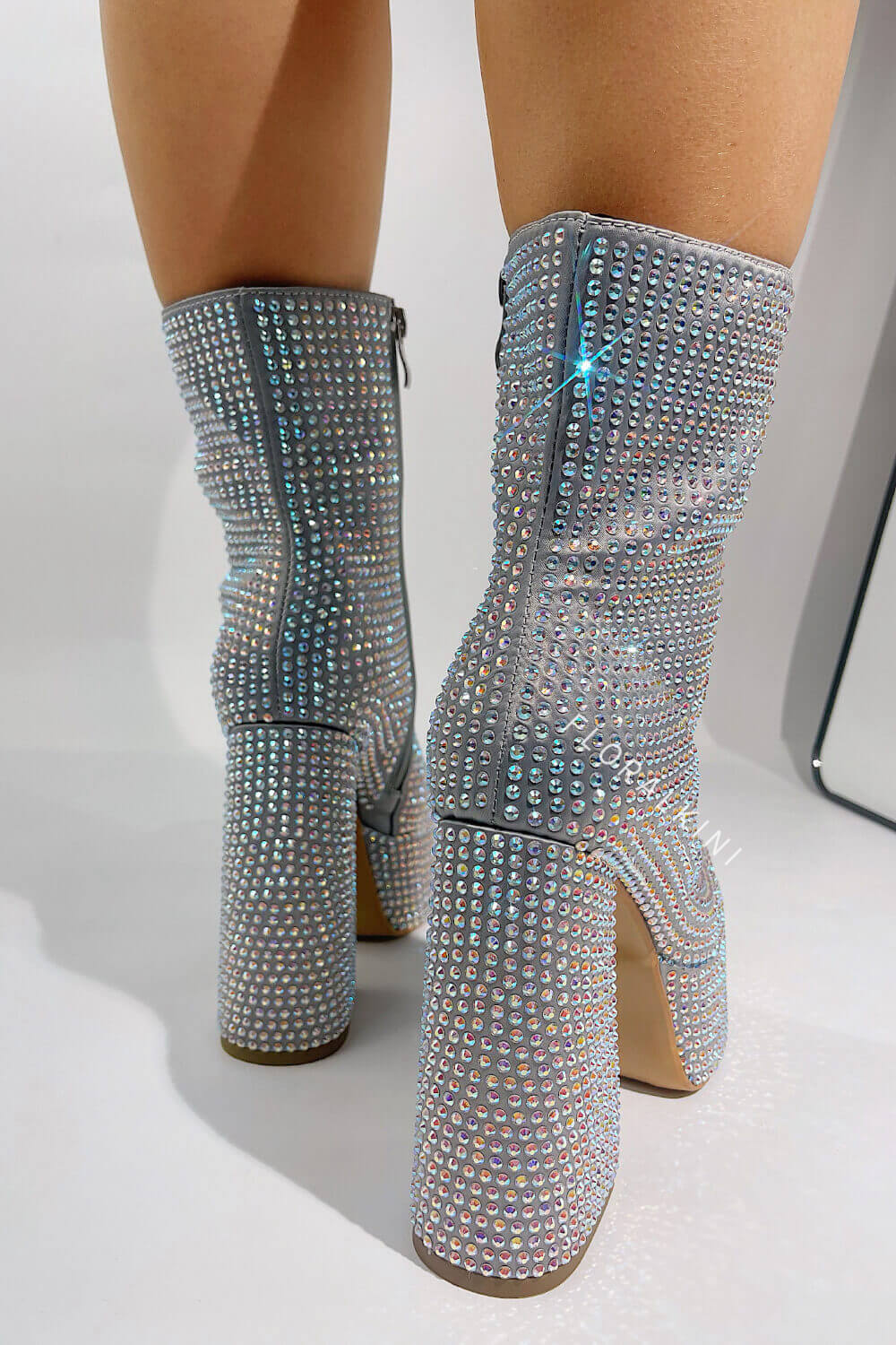 Rhinestone-Embellished Platform High Block Heel Ankle Bootie