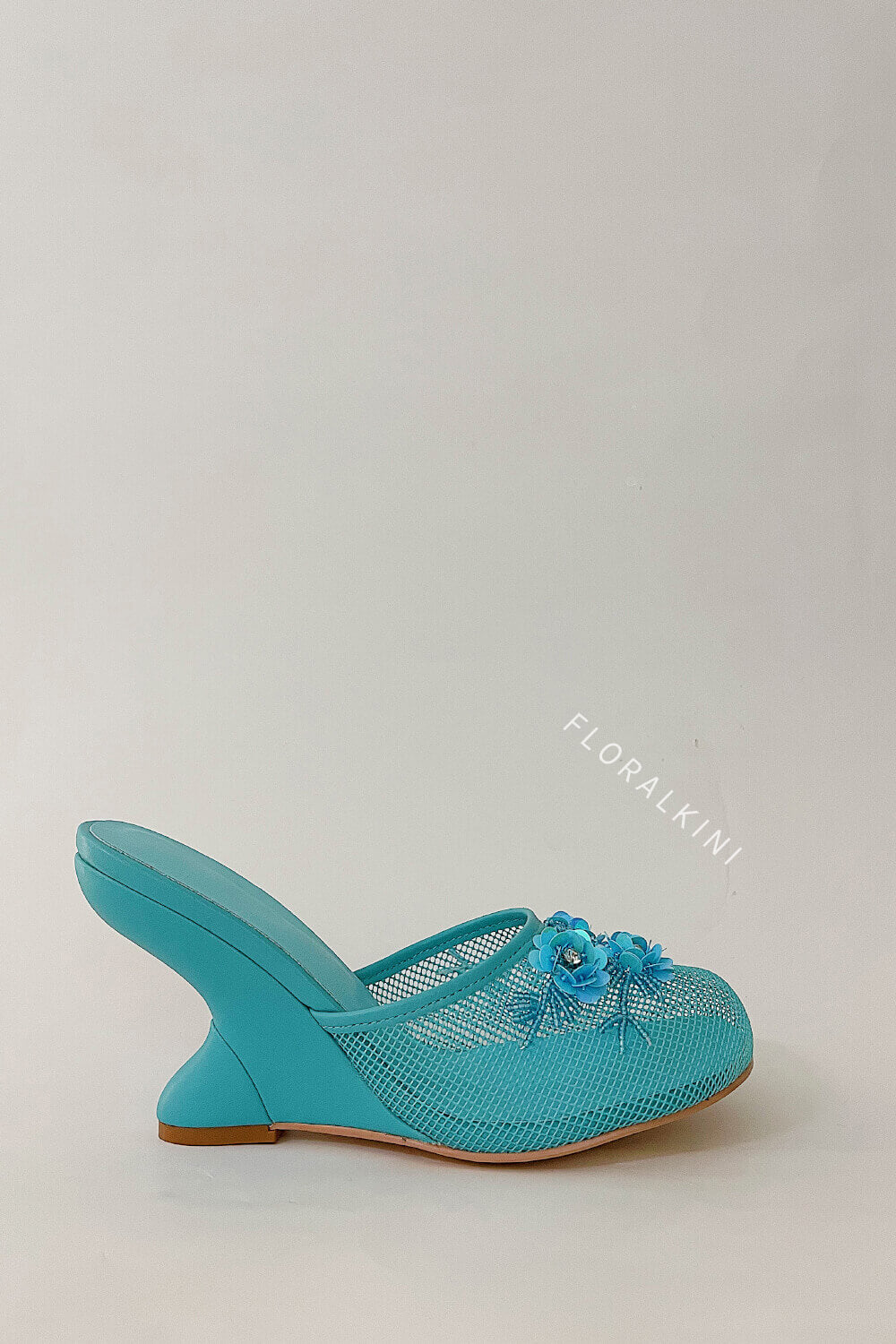 Floral Embellished Mesh Pyramid Wedge Mule Sandals